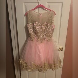 Pink Prom Dress with Gold Embroidery